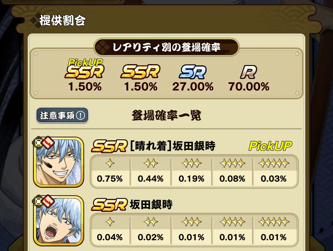 SSRピックアップキャラの排出率