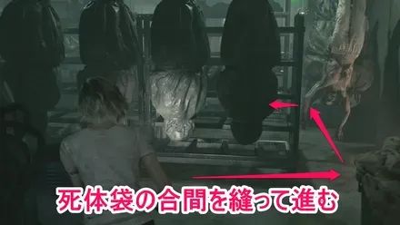 死体袋の合間を縫う
