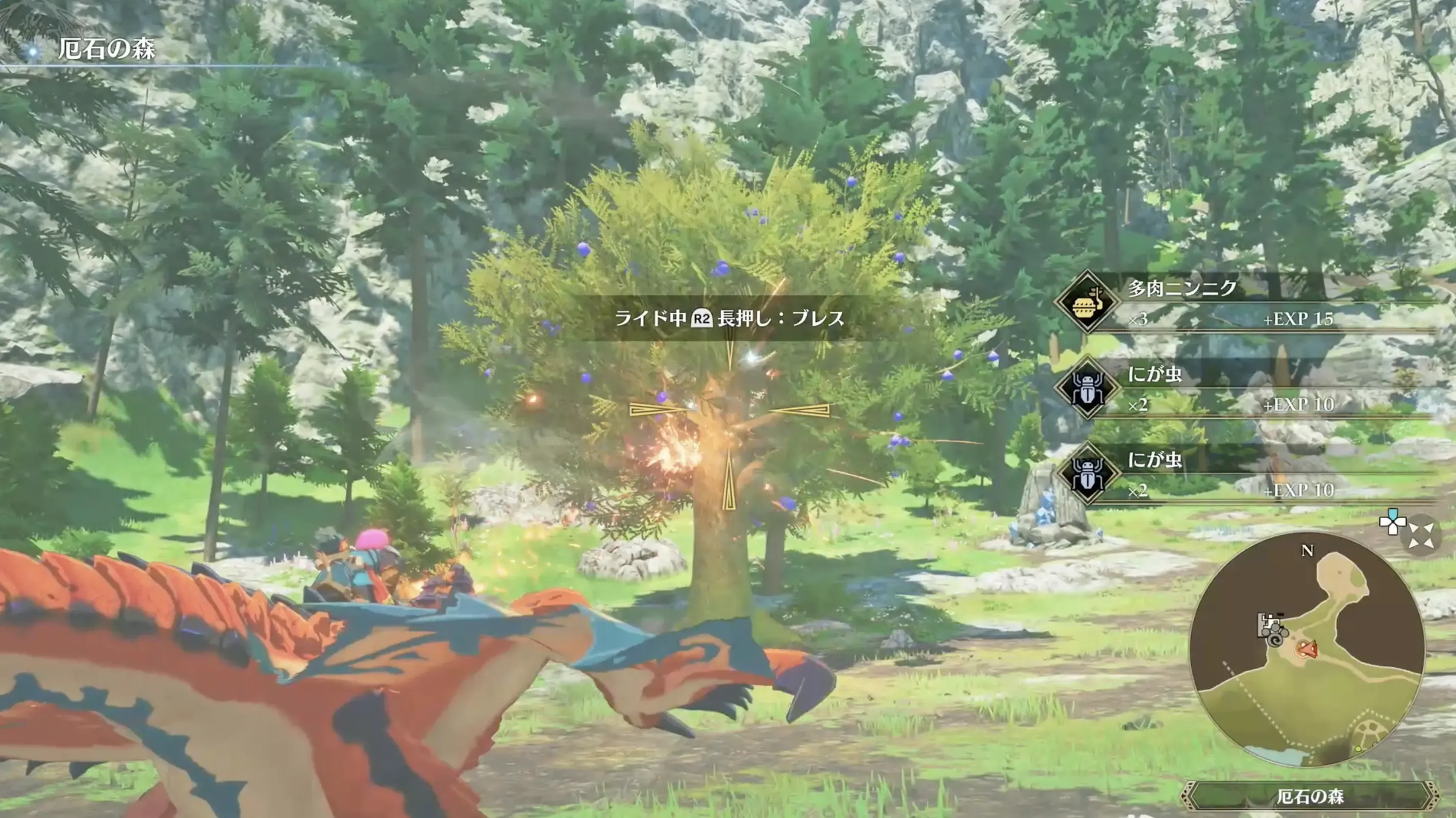 実がなっている木に向かってブレスを使って採集を行う