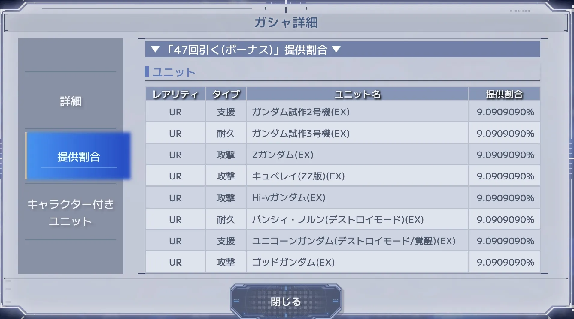 47連でUR機体1体と限定機体1体が入手できる