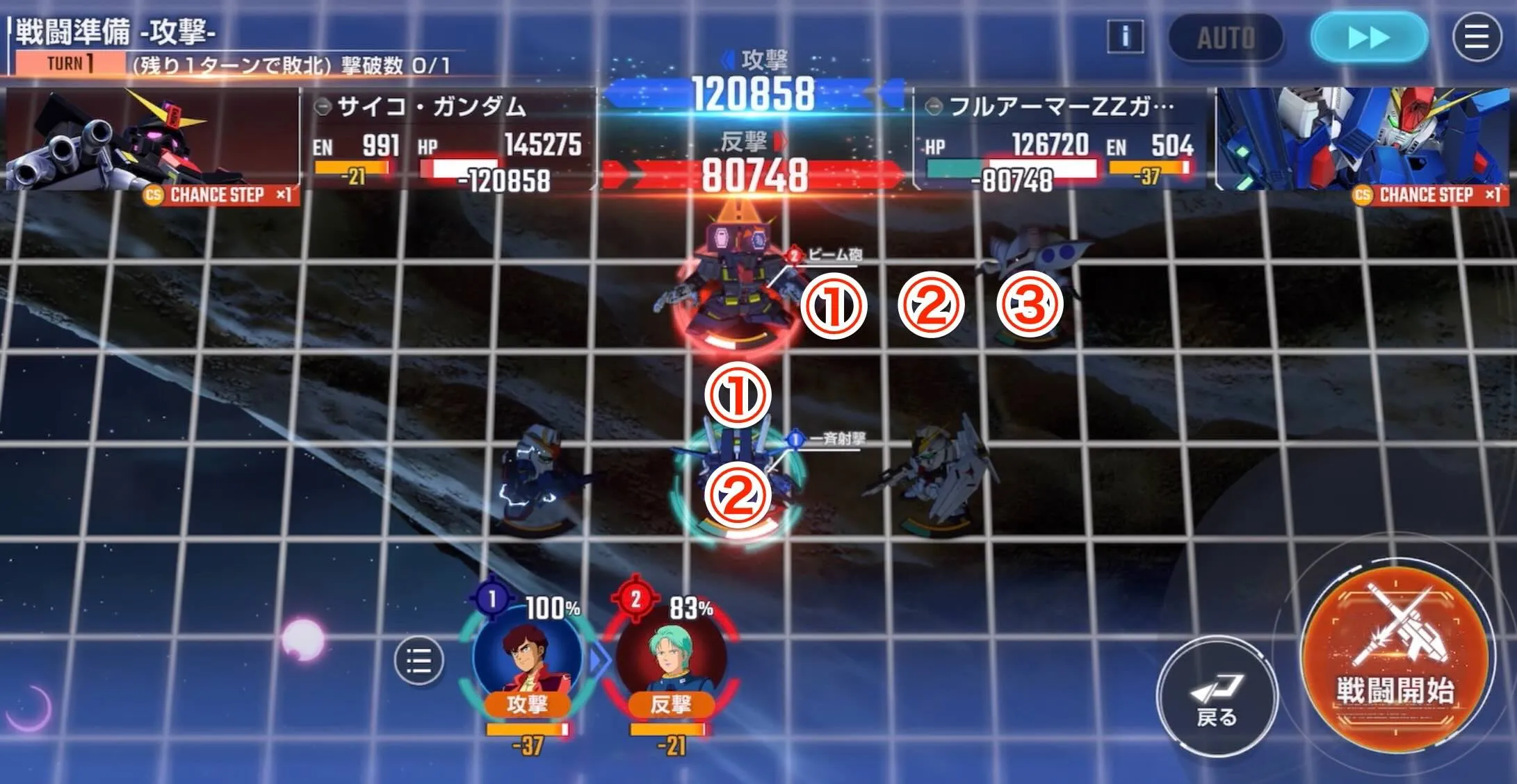 フルアーマーZZを射程2以内に配置する