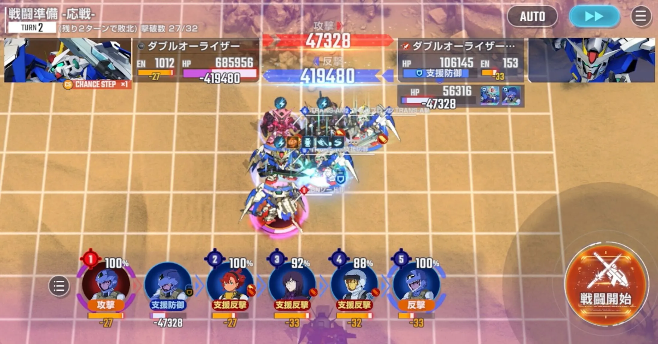 左上と右下の敵は反撃でダメージを与える