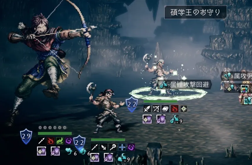 手前の盗賊はそれぞれ物理・属性攻撃回避を持つ