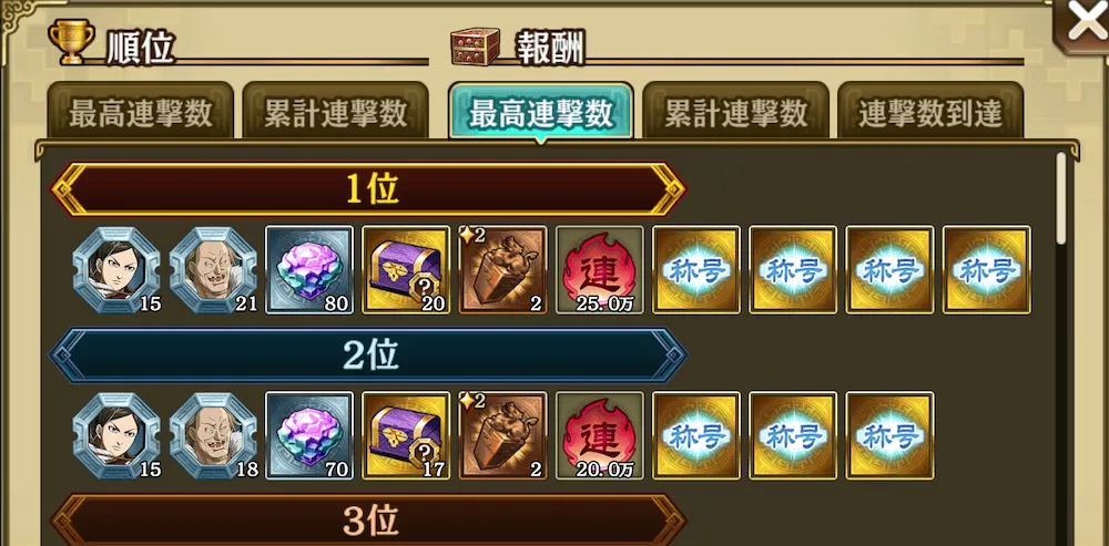 最高連撃数の報酬
