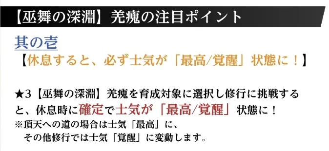 休息すると士気が覚醒状態になる特殊能力