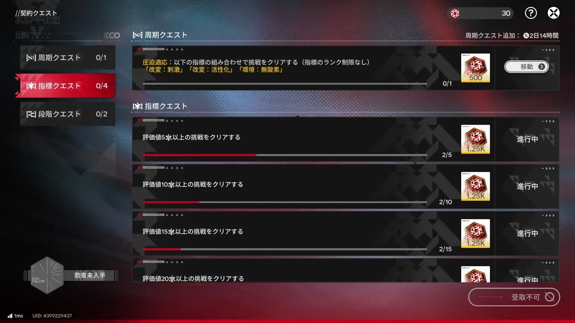 契約クエストのクリアや指標の初回クリアを目指す
