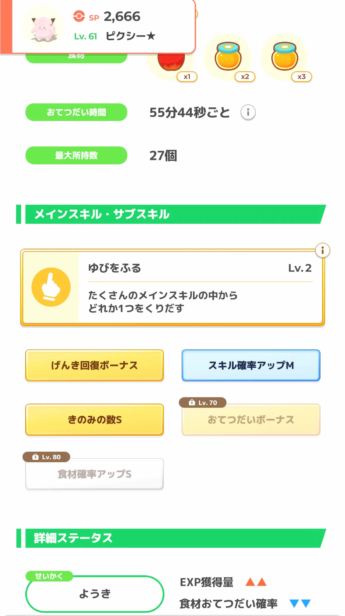 ピクシーのステータス
