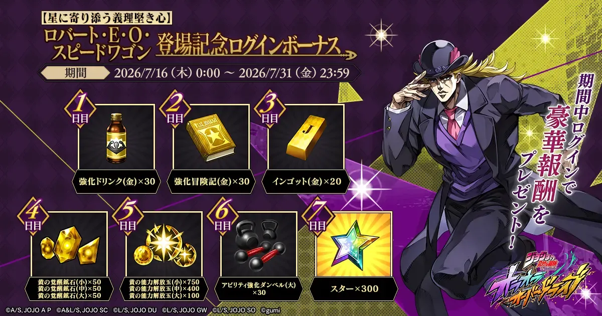 スピードワゴン登場記念ログインボーナス