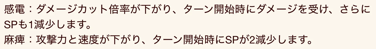 感電や麻痺を受けるとターン開始時にSPが減少する