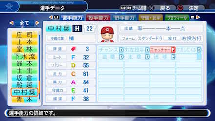 中村奨成の選手データ画像