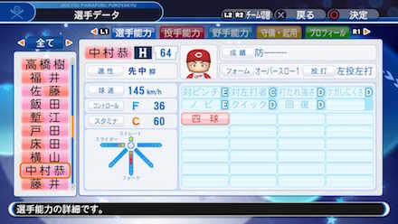 中村恭平の選手データ画像