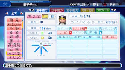 マテオの選手データ画像