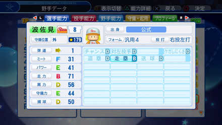 波佐見駿一の選手能力