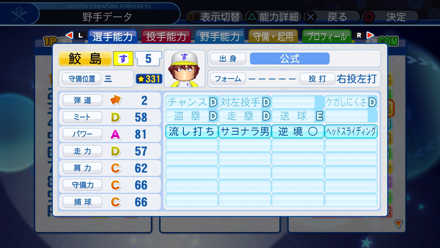 鮫島条太郎の選手能力