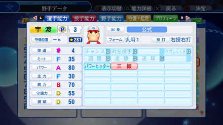 宇渡幹久の選手能力