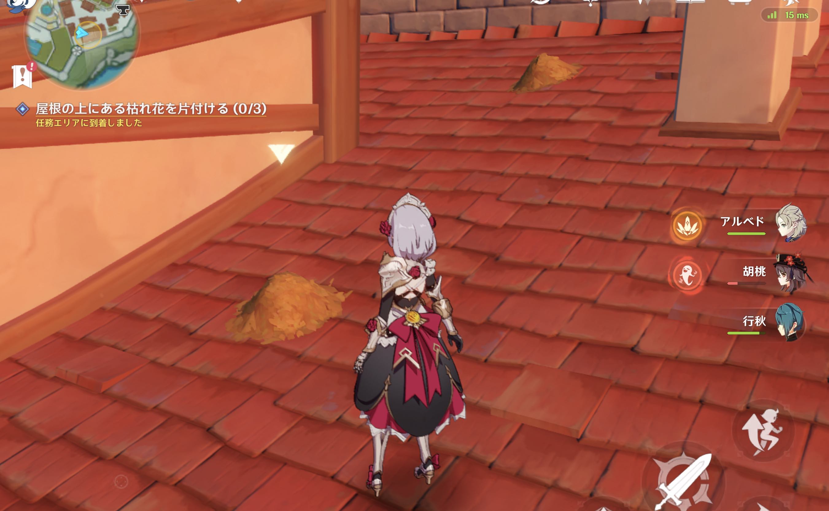 屋根の上にある枯れ花を片付ける