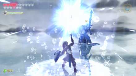 剣を上に掲げ雷を受け止める