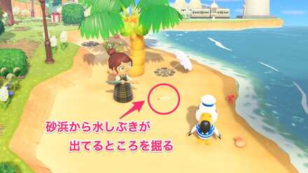 砂浜から水しぶきが出てるところを掘る