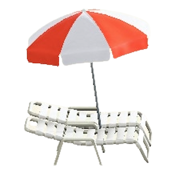 パラソルつきビーチベッドのレッド×ホワイトの画像