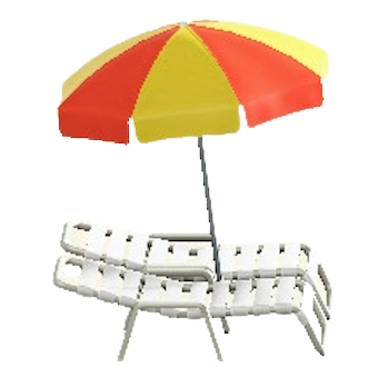 パラソルつきビーチベッドのレッド×イエローの画像