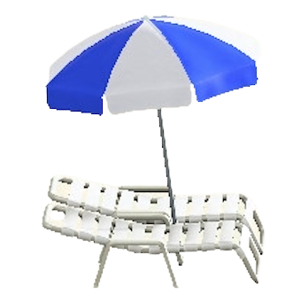 パラソルつきビーチベッドのブルー×ホワイトの画像