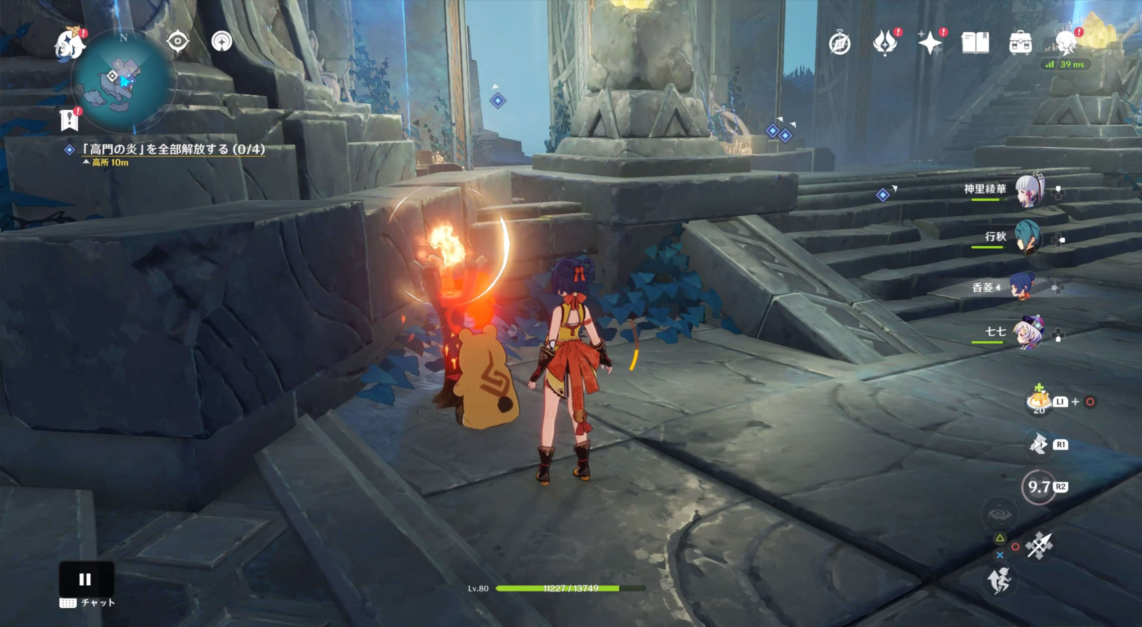 高門の炎を持つ神像の下にある松明ギミックに炎元素を与える