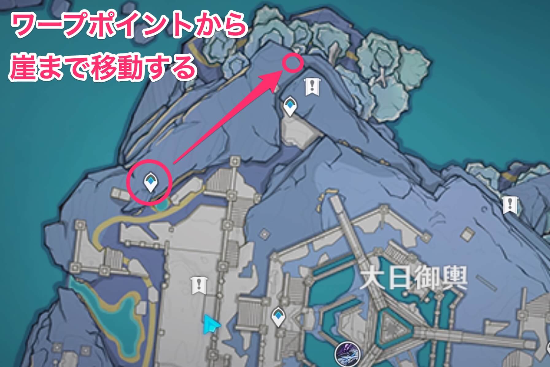 ワープポイントから崖まで移動する