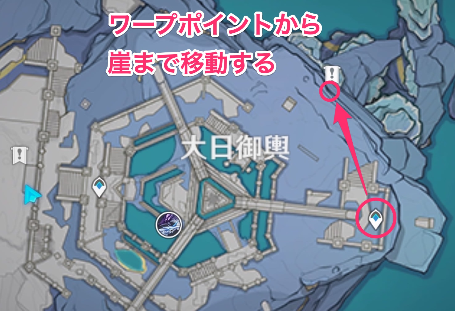 ワープポイントから崖まで移動する