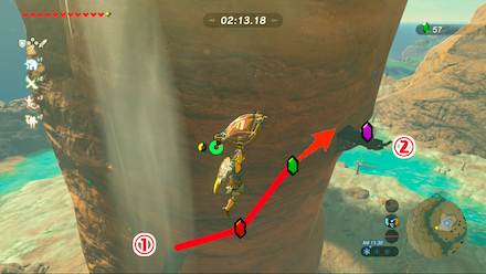 ブレスオブザワイルド　超ド根性ガケ　①から②の足場までのルート