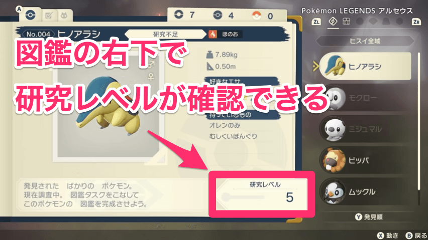 図鑑の右下で研究レベルを確認できる