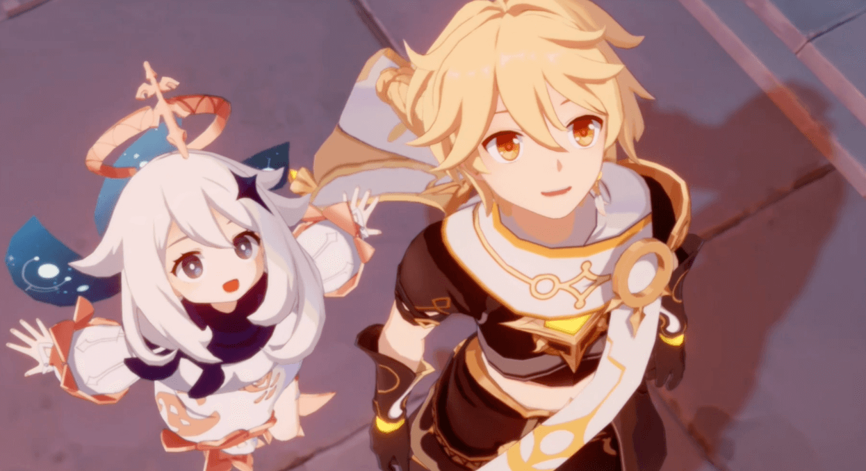 花火を見る主人公とパイモン