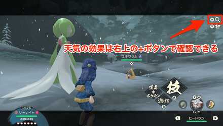 戦闘中の天気の効果は右上の+ボタンで確認できる