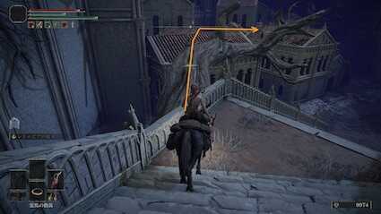 踊り場から木と屋根を伝って進む