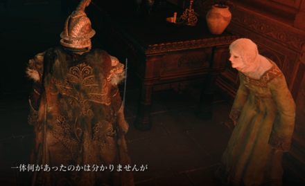 火山館の客間で会話する