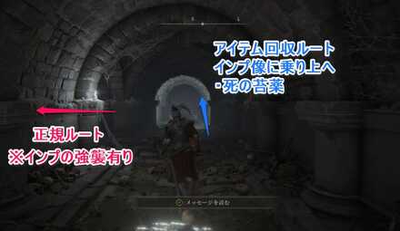 聖別雪原の地下墓：左側が正規ルート、正面はアイテム回収ルート。インプのギミックを起動し2回へ