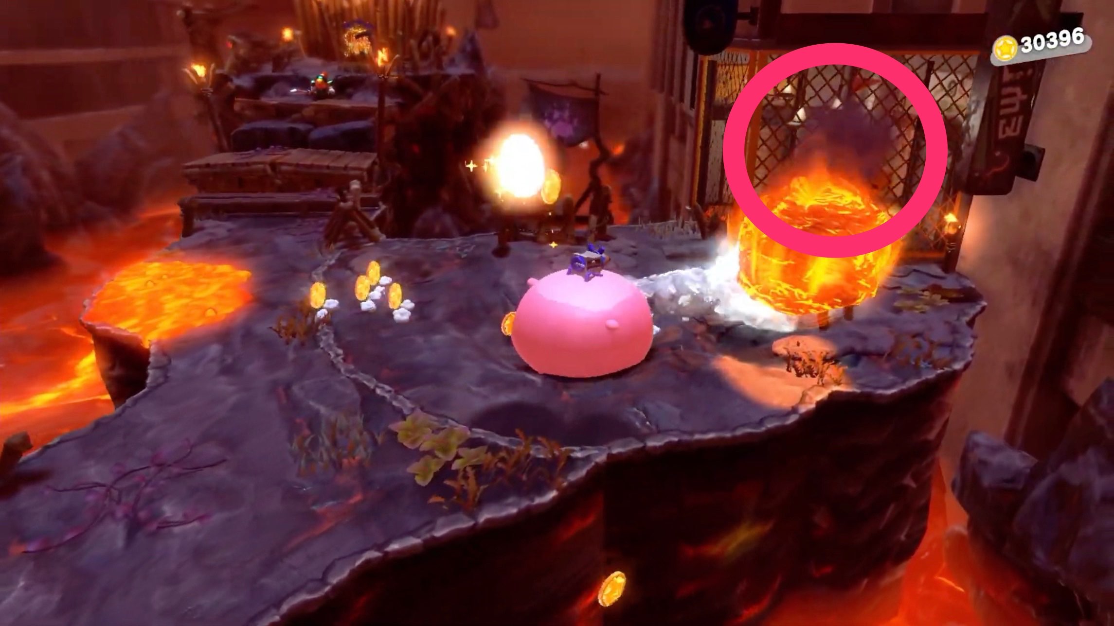 ゴール手前の火山弾が降る場所にある金網の中