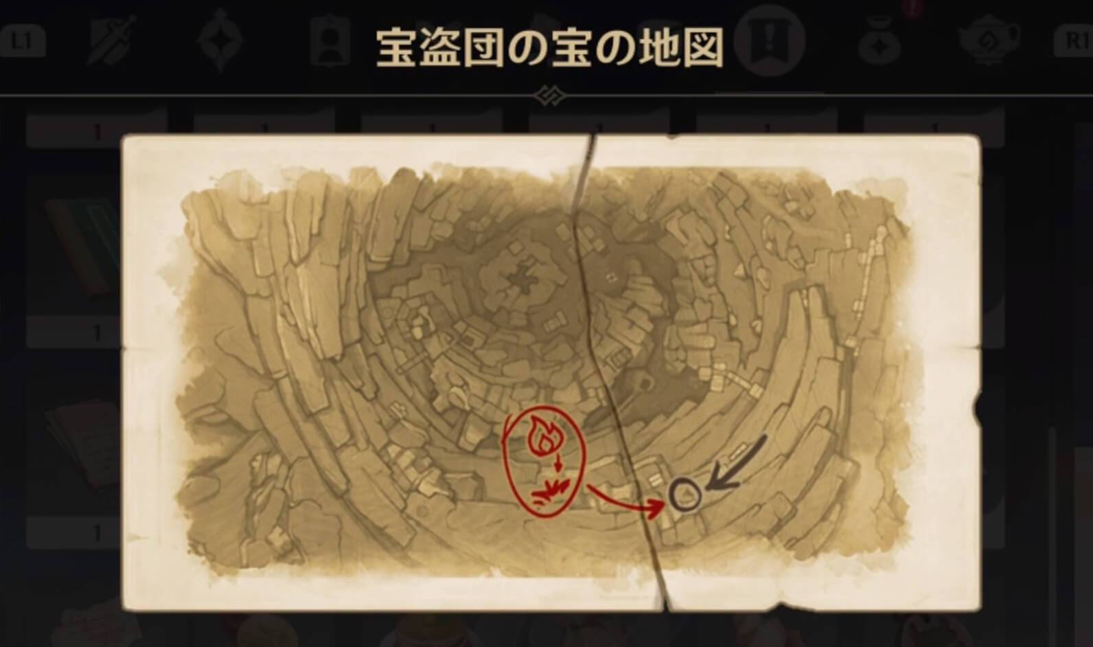 完成した宝盗団の宝の地図を確認する