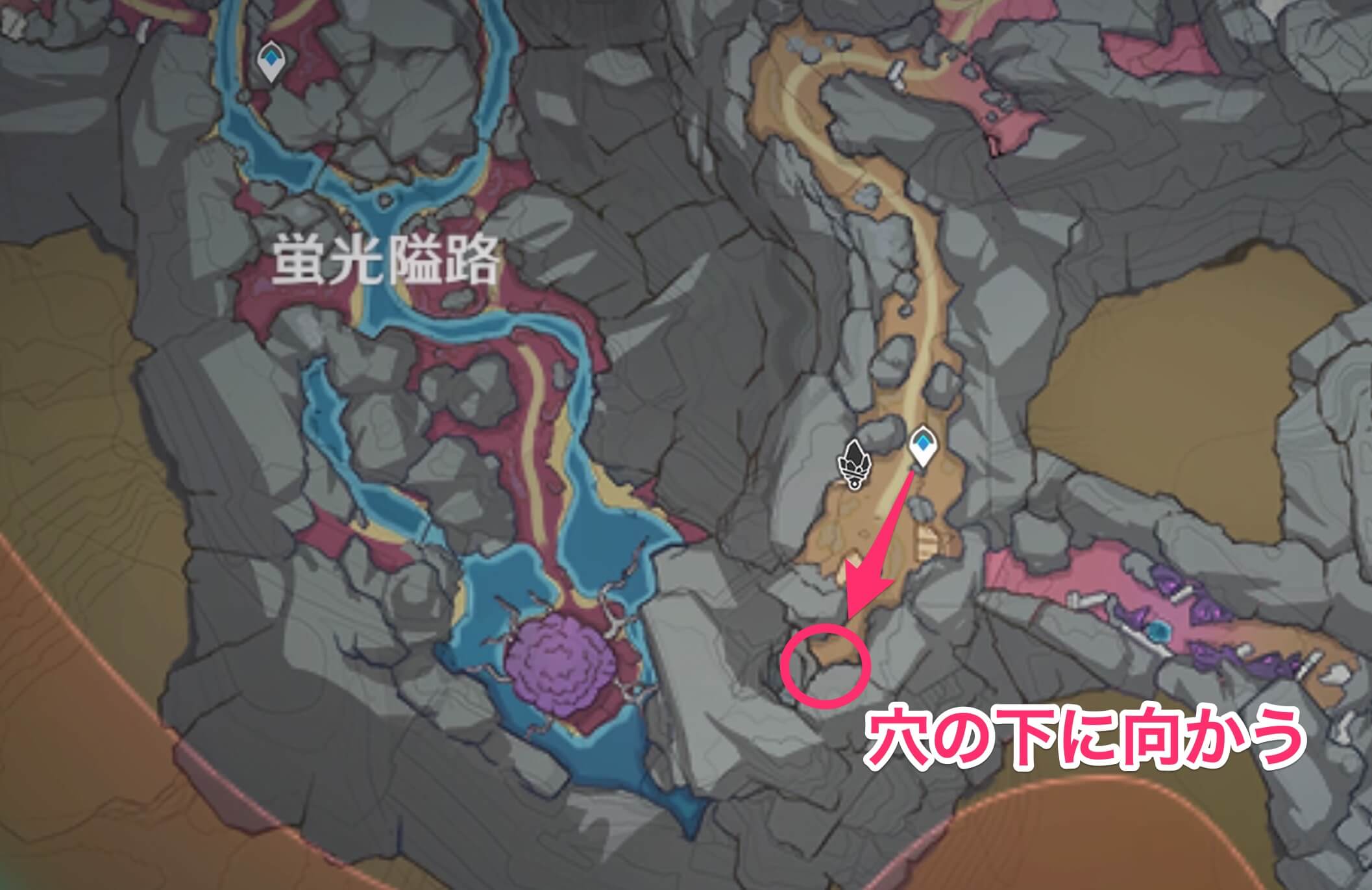 地下鉱区拠点のワープポイントから南に向かう