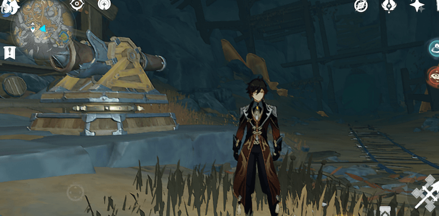 大砲前の坑道を進む