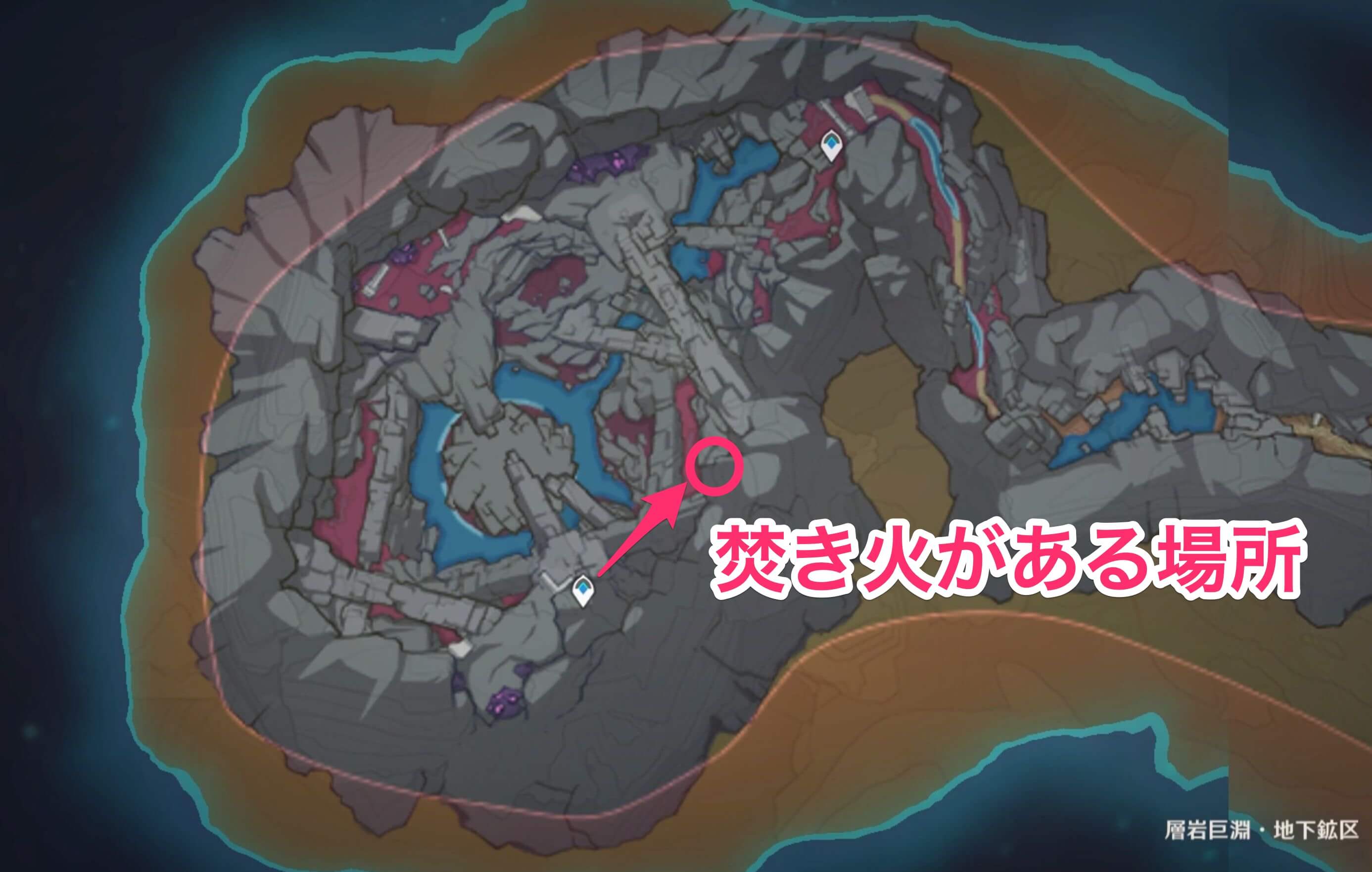 地下鉱区の最下層にあるワープポイントに向かう