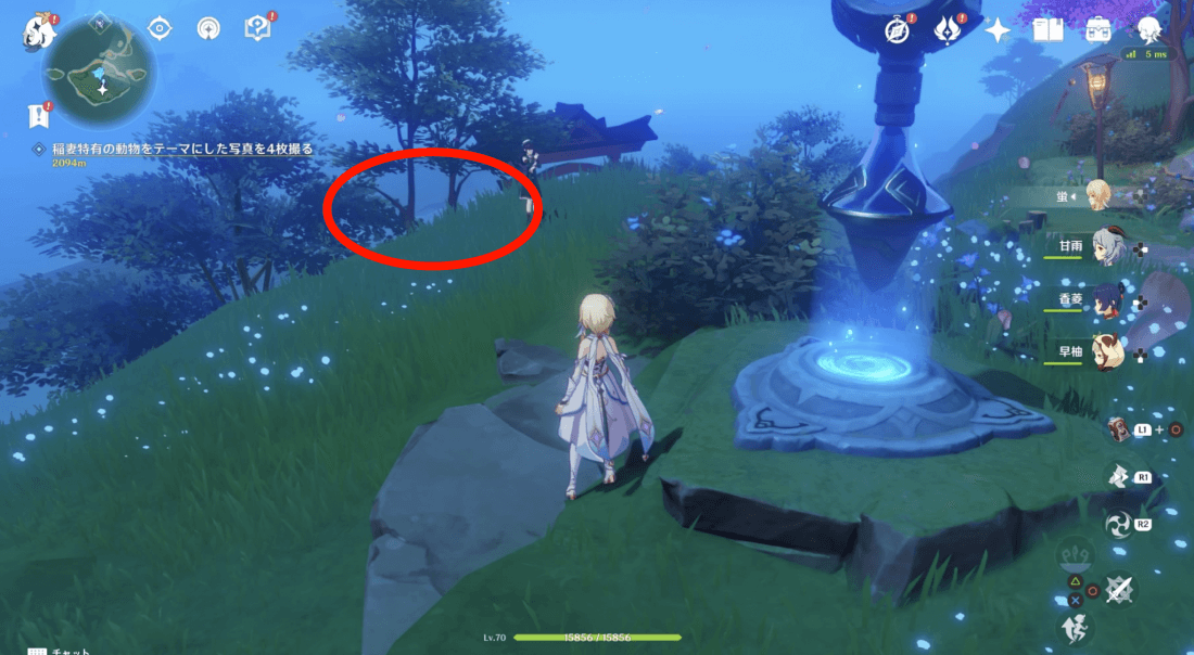 崖際の木の近くを飛んでいます