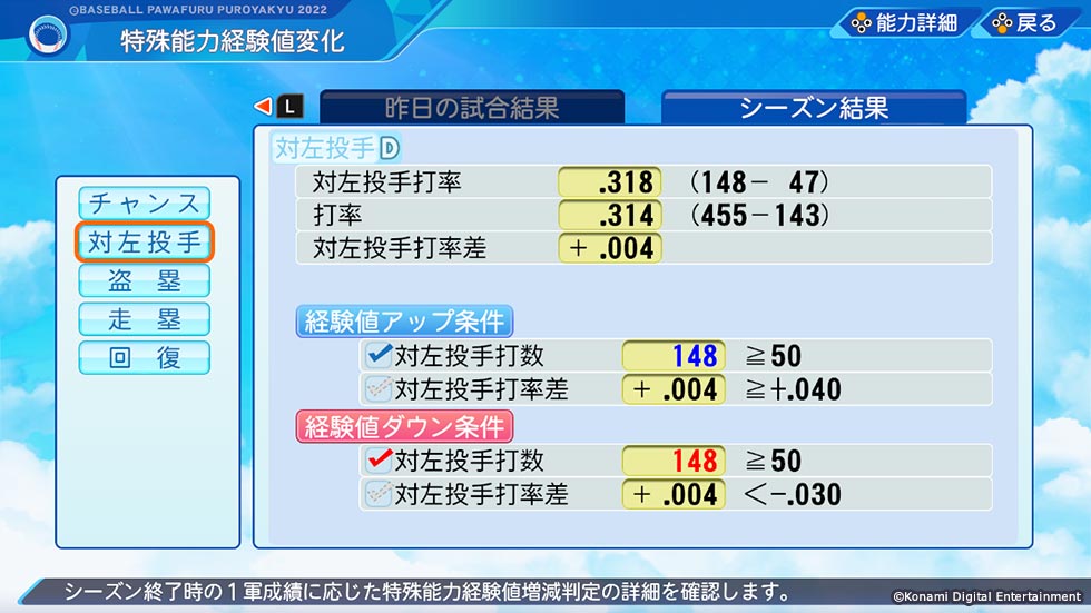 特殊能力経験値変化