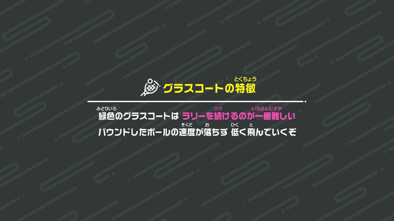 グラスコート(緑)は速度が落ちず、低く飛ぶ