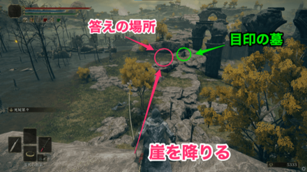 崖を降りて目印の墓の前に行く