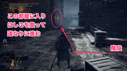 突き当たり右の通路を進み、左側にある部屋のはしごを登って道なりに進む