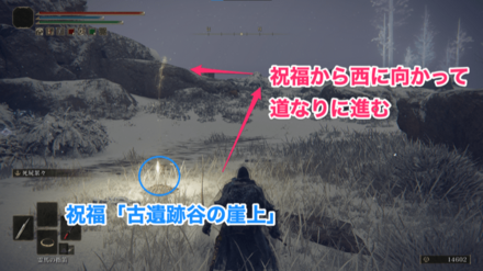 祝福「古遺跡谷の崖上」から西に向かって道なりに進む
