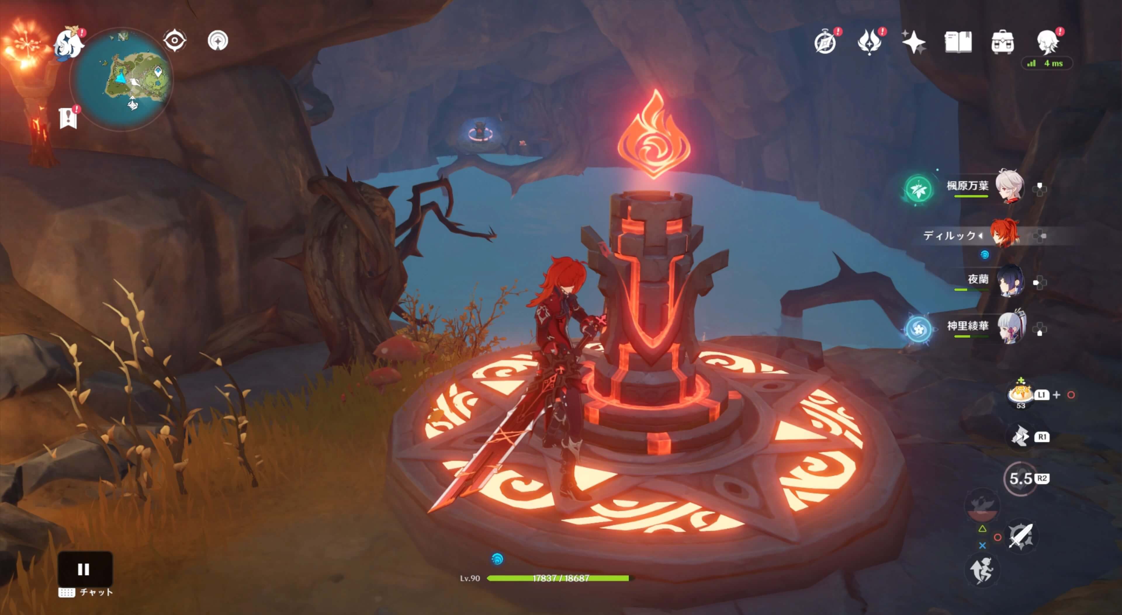 炎元素石碑を起動すると地下の水深が下がる