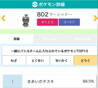 マーシャドーの持ち物使用率