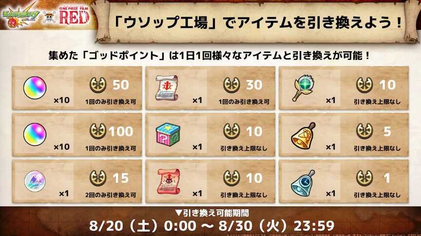 ウソップ工場でアイテムを引き換え