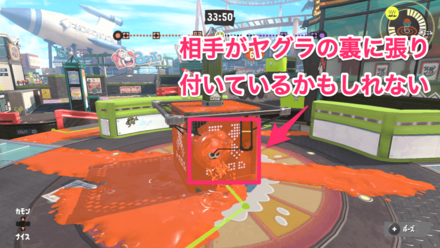 ヤグラの裏に敵が潜伏していないか確認